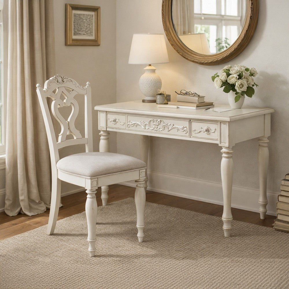 Victorian Style Writing Desk Chair with Engraved Backrest, Antique White - BM219788