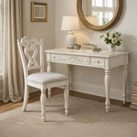 Victorian Style Writing Desk Chair with Engraved Backrest, Antique White - BM219788