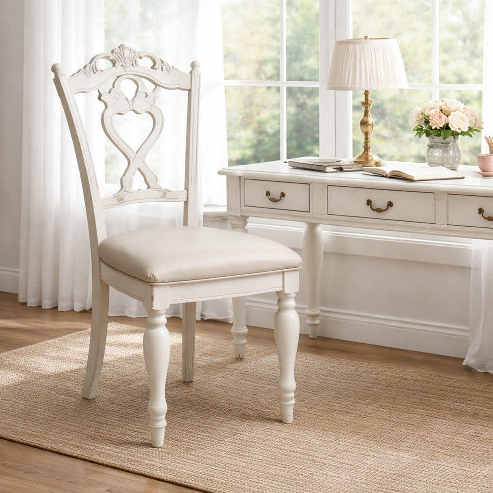 Victorian Style Writing Desk Chair with Engraved Backrest, Antique White - BM219788