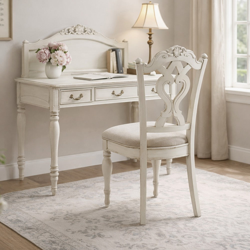 Victorian Style Writing Desk Chair with Engraved Backrest, Antique White - BM219788