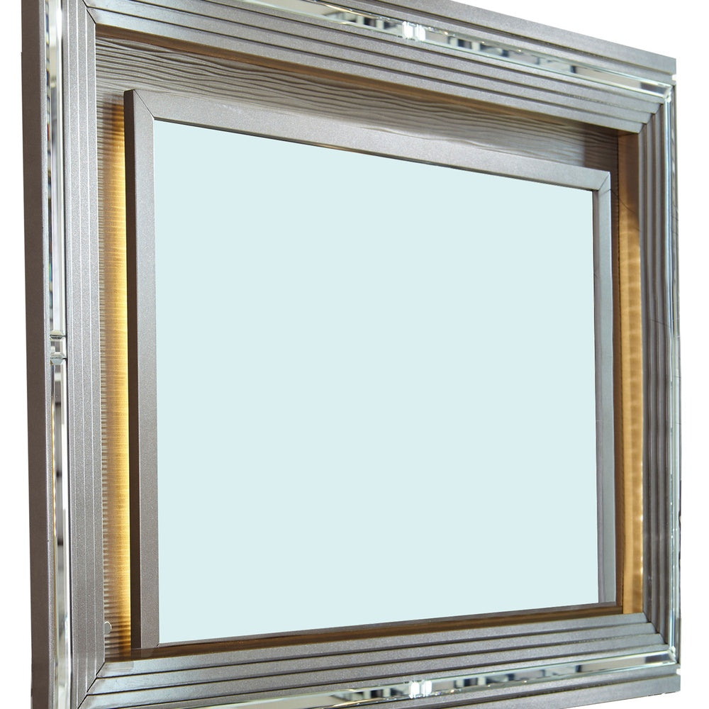 Wooden Frame Dresser Mirror with LED  Light, Gray and Clear  - BM219794