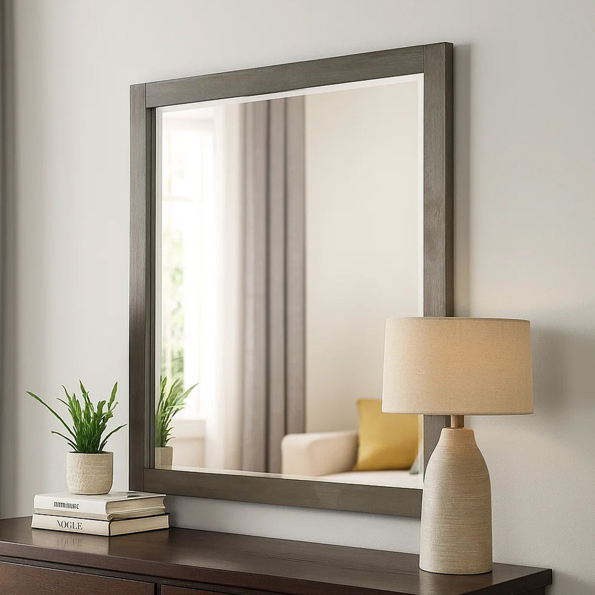 Contemporary Wooden Frame Dresser Mirror with Natural Grain Details, Gray  - BM219866