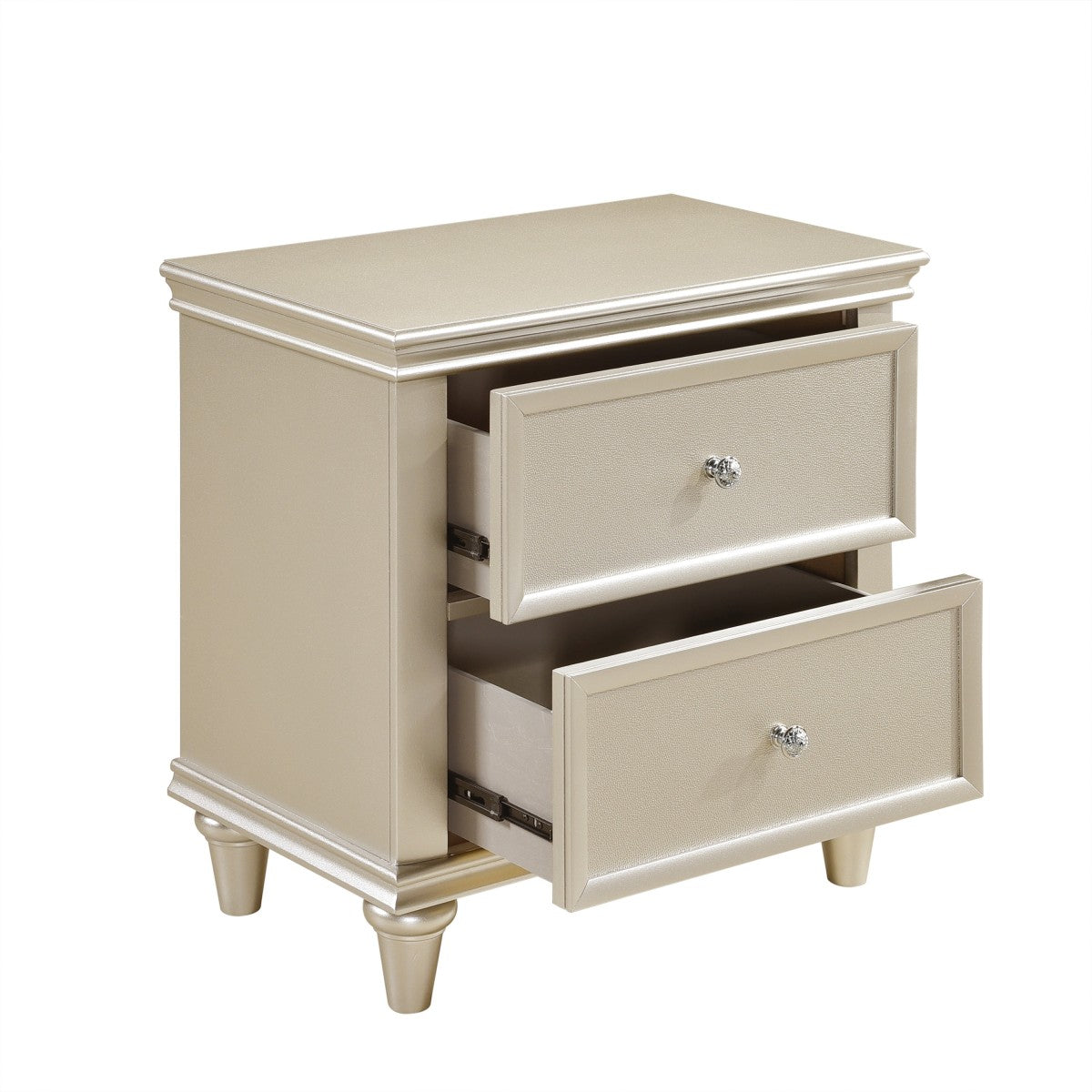 2 Drawer Wooden Nightstand with Faux Crystal Knobs, Champagne Silver - BM219888