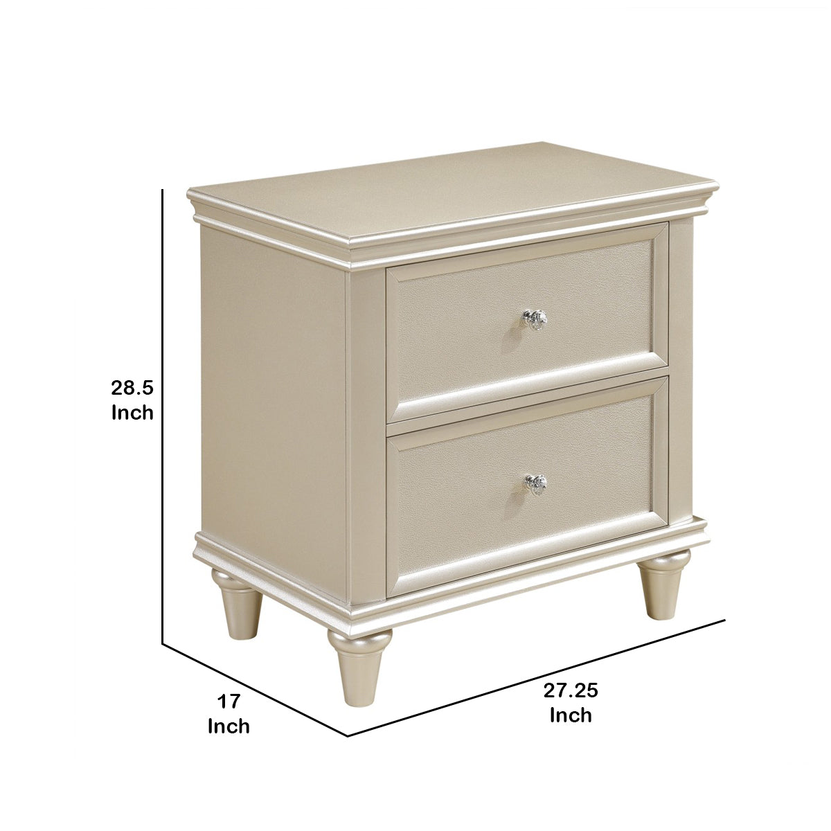 2 Drawer Wooden Nightstand with Faux Crystal Knobs, Champagne Silver - BM219888