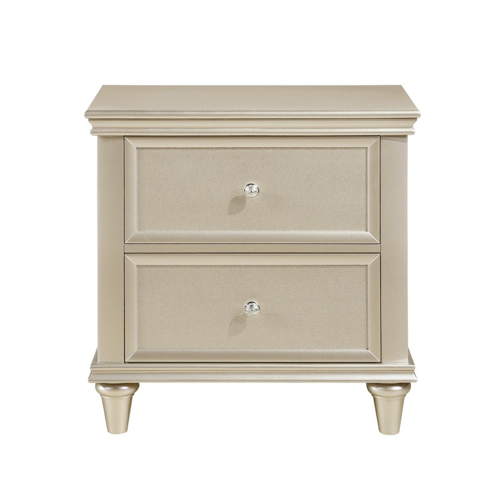 2 Drawer Wooden Nightstand with Faux Crystal Knobs, Champagne Silver - BM219888