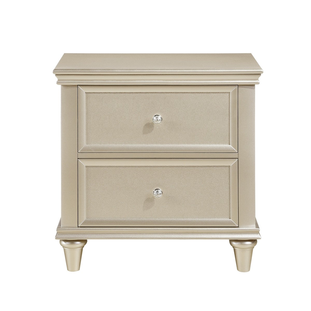 2 Drawer Wooden Nightstand with Faux Crystal Knobs, Champagne Silver - BM219888