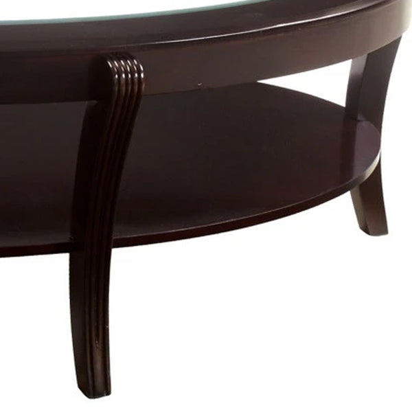 Oval Wooden Cocktail Table with Glass Insert and Open Shelf, Espresso Brown - BM219905