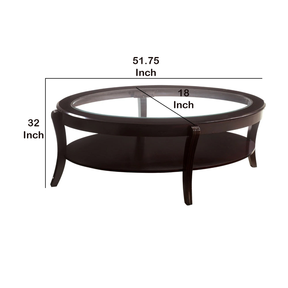 Oval Wooden Cocktail Table with Glass Insert and Open Shelf, Espresso Brown - BM219905