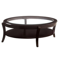 Oval Wooden Cocktail Table with Glass Insert and Open Shelf, Espresso Brown - BM219905