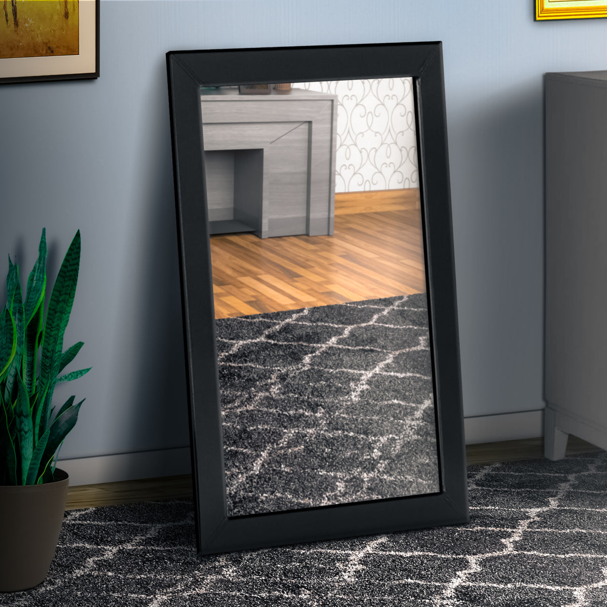Rectangular Wood Encased Mirror with Faux Leather Upholstery, Black  - BM219912