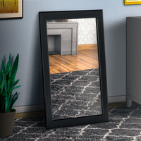 Rectangular Wood Encased Mirror with Faux Leather Upholstery, Black  - BM219912