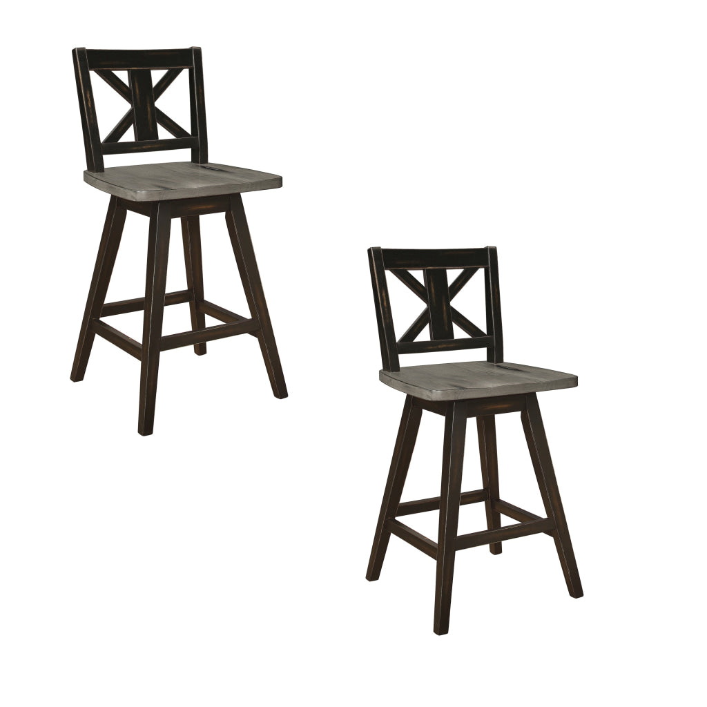 Farmhouse Swivel Counter Height Chair with X Shaped Back, Set of 2, Antique Gray, Black - BM219949