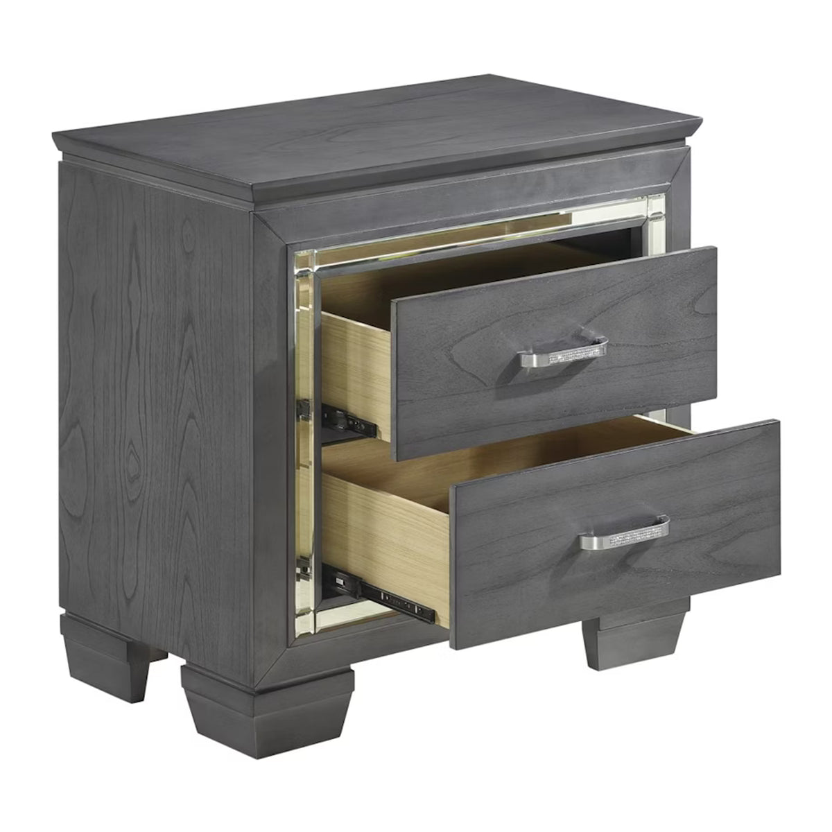 Contemporary Wooden Nightstand with 2 drawers and LED Lighting, Gray - BM219979