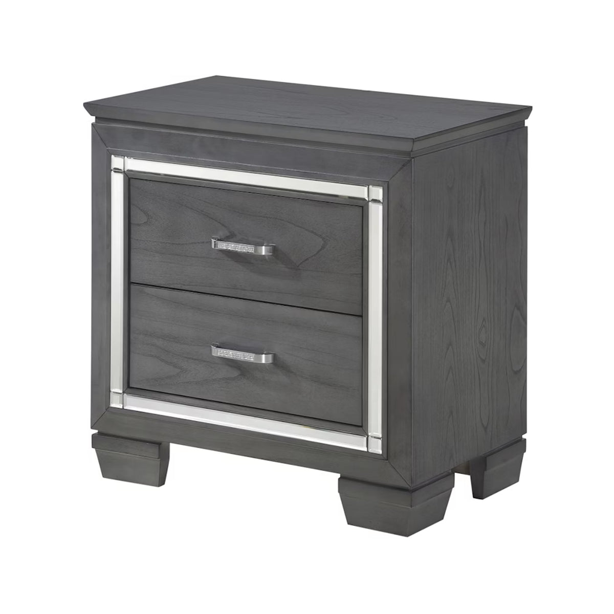 Contemporary Wooden Nightstand with 2 drawers and LED Lighting, Gray - BM219979