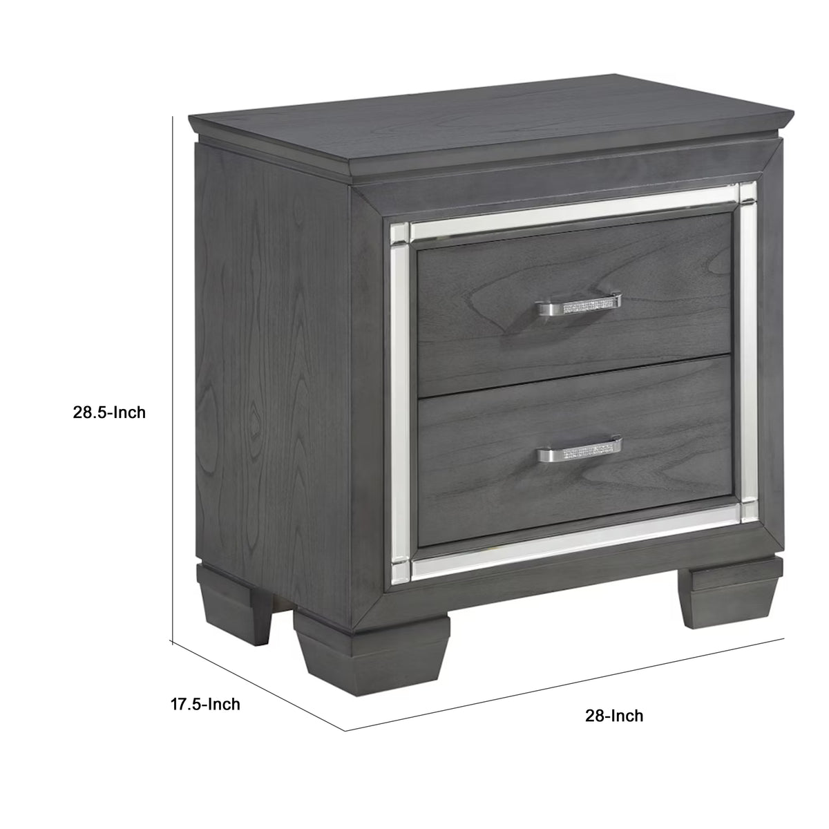 Contemporary Wooden Nightstand with 2 drawers and LED Lighting, Gray - BM219979