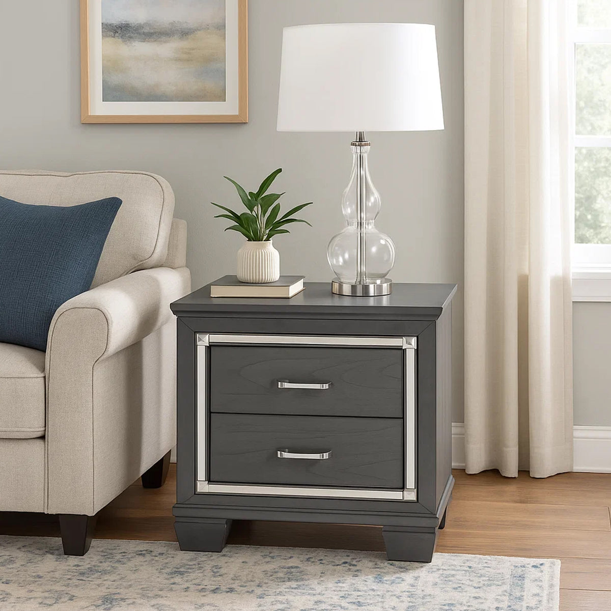 Contemporary Wooden Nightstand with 2 drawers and LED Lighting, Gray - BM219979