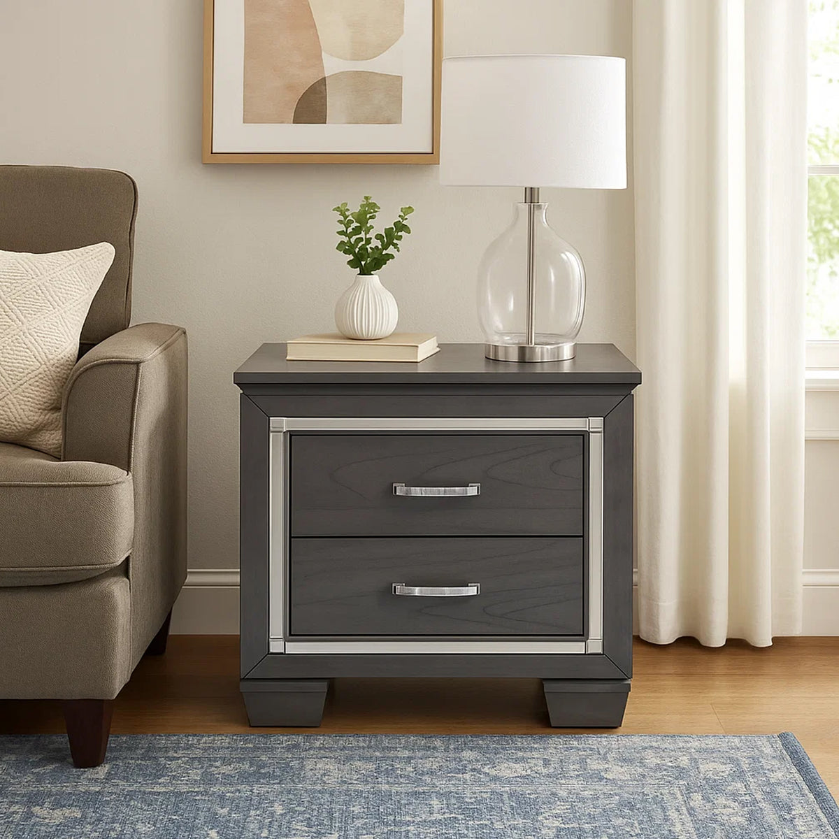 Contemporary Wooden Nightstand with 2 drawers and LED Lighting, Gray - BM219979