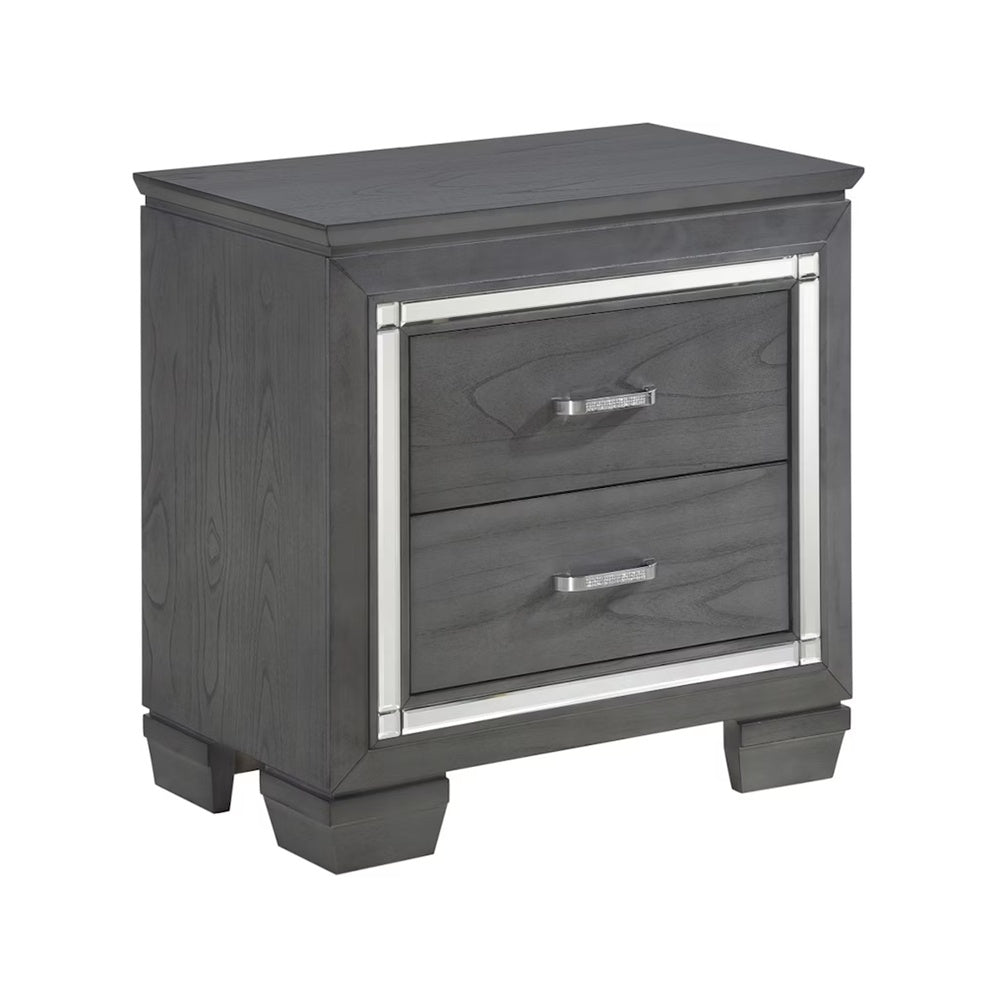 Contemporary Wooden Nightstand with 2 drawers and LED Lighting, Gray - BM219979