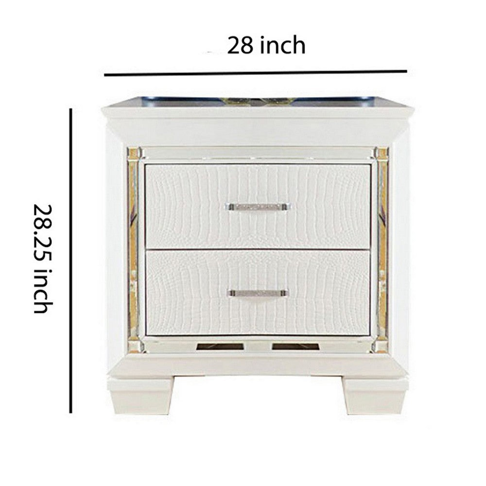 Contemporary Wooden Nightstand with 2 drawers and LED Lighting, White - BM219986