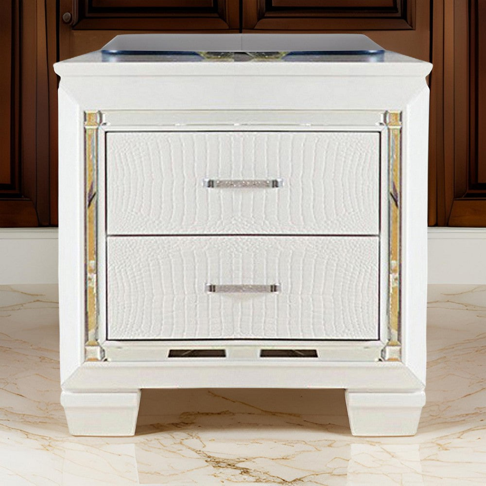 benzara Contemporary Wooden Nightstand with 2 drawers and LED Lighting White - BM219986