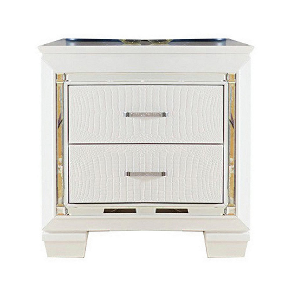 Contemporary Wooden Nightstand with 2 drawers and LED Lighting, White - BM219986