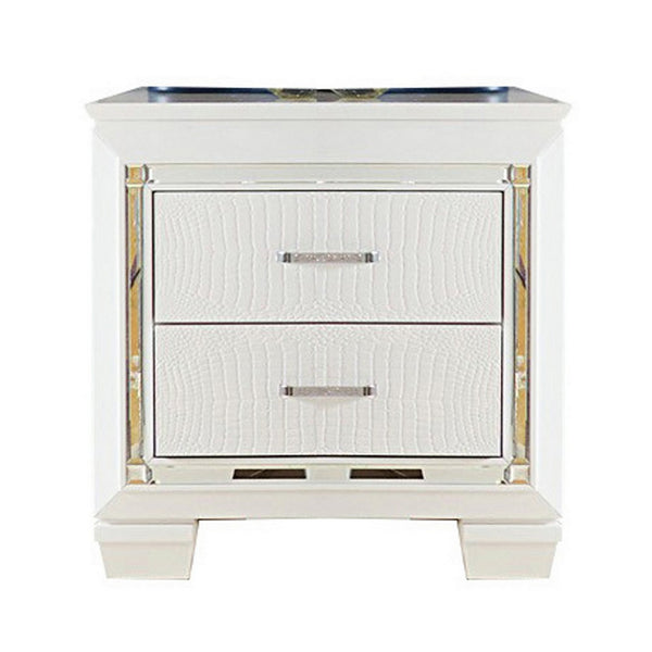 Contemporary Wooden Nightstand with 2 drawers and LED Lighting, White - BM219986