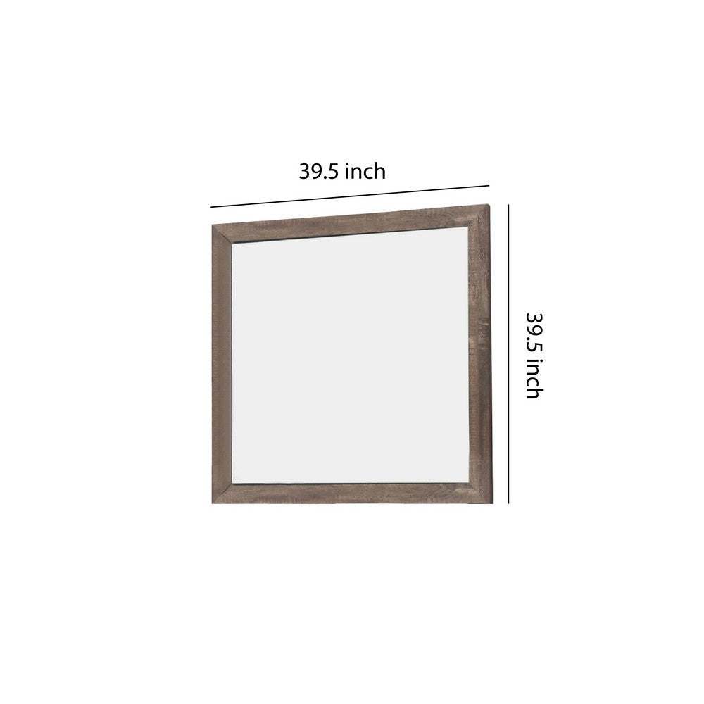 Transitional Square Shape Wooden Frame Mirror with Textured Details, Brown - BM219990