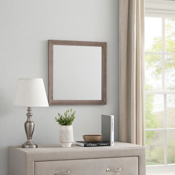 Transitional Square Shape Wooden Frame Mirror with Textured Details, Brown - BM219990