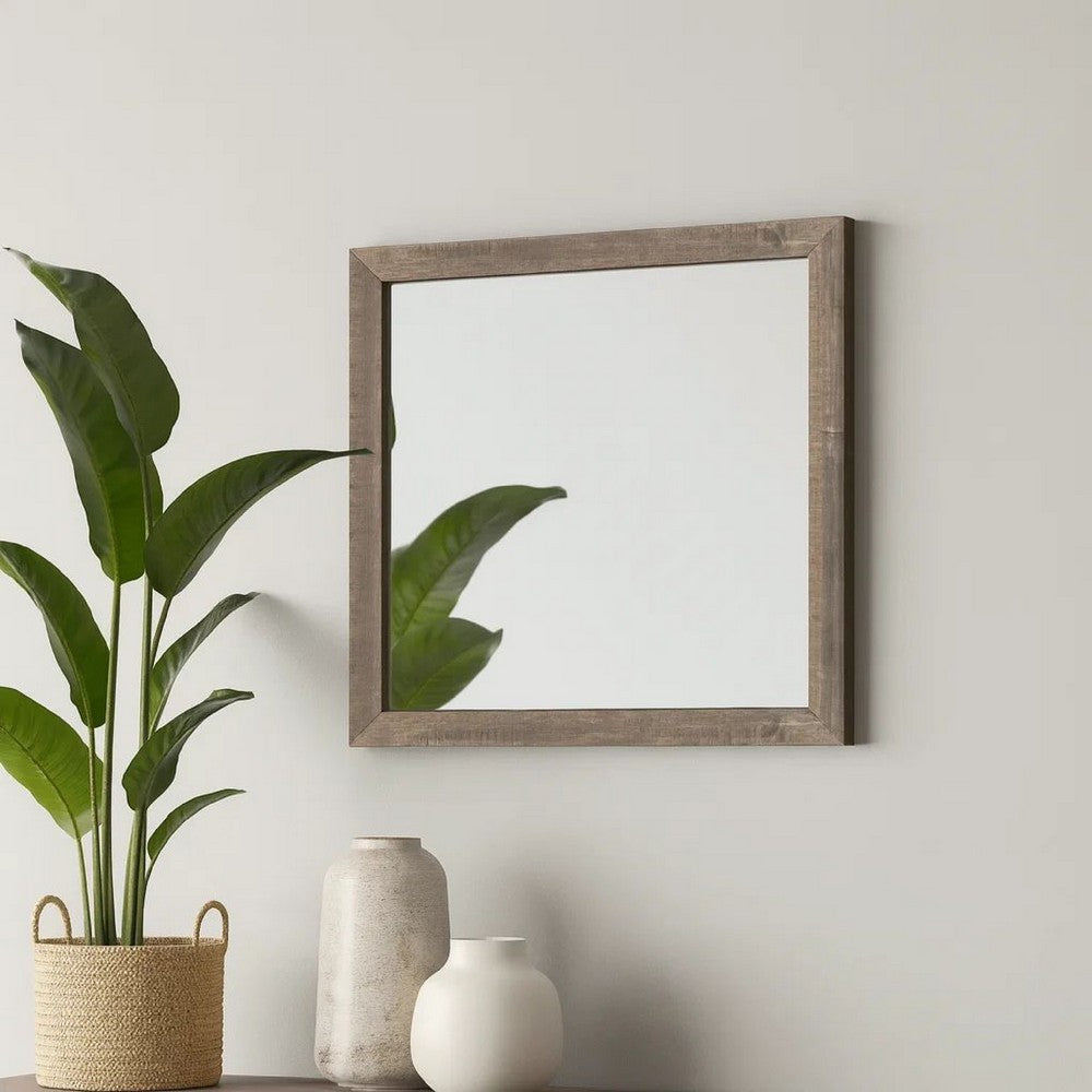Transitional Square Shape Wooden Frame Mirror with Textured Details, Brown - BM219990