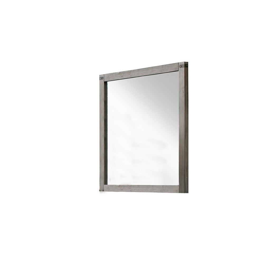Industrial Style Wooden Frame Mirror with Metal Brackets and Rivets, Brown  - BM219993