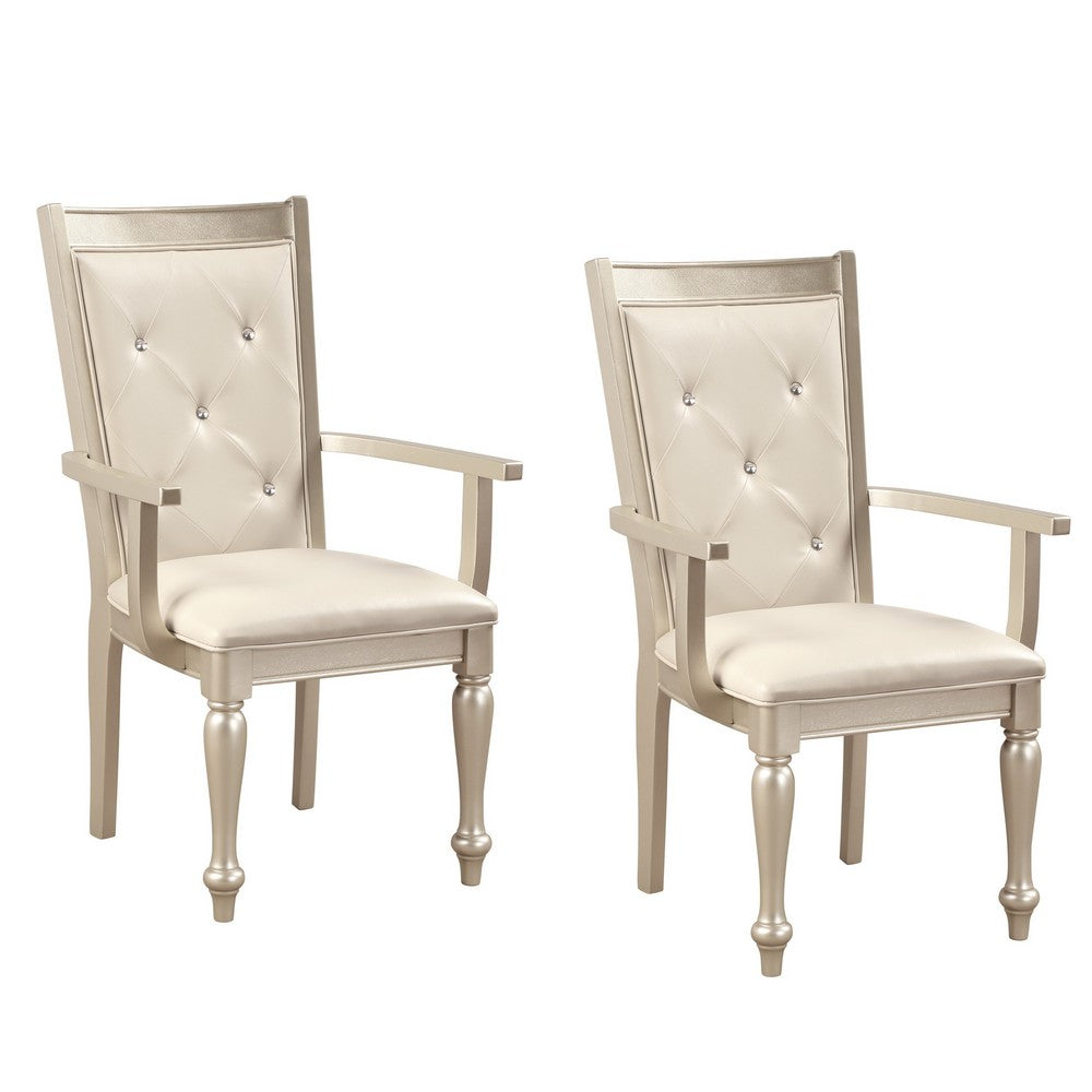 Wooden Arm Chair with Crystal Tufted Leatherette Backrest, Gold - BM219998