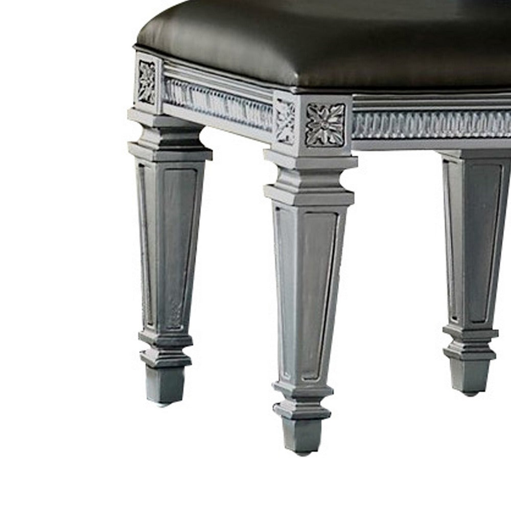 Wooden Vanity Stool wit Leatherette Seat and Faux Crystal Accents, Gray - BM220011