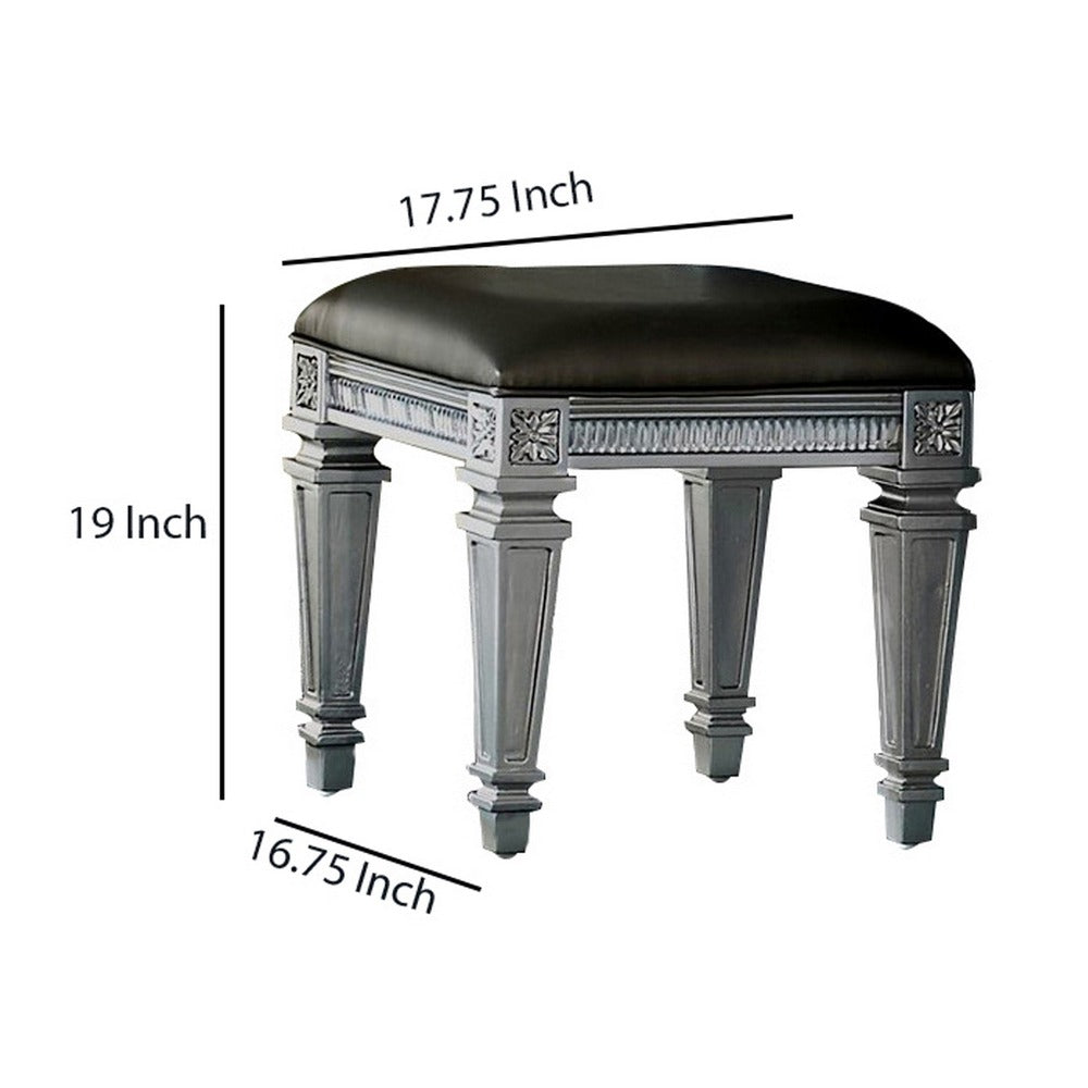 Wooden Vanity Stool wit Leatherette Seat and Faux Crystal Accents, Gray - BM220011