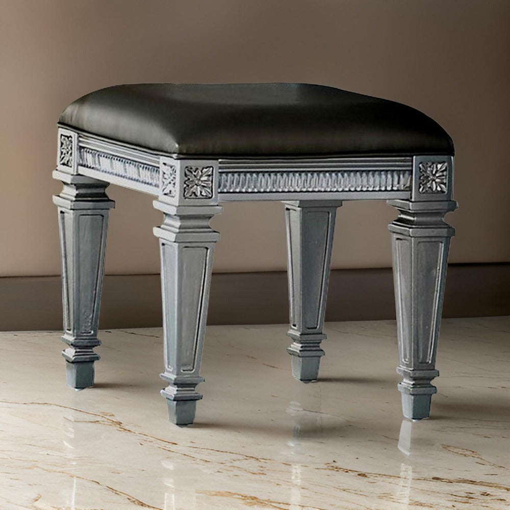 Wooden Vanity Stool wit Leatherette Seat and Faux Crystal Accents, Gray - BM220011