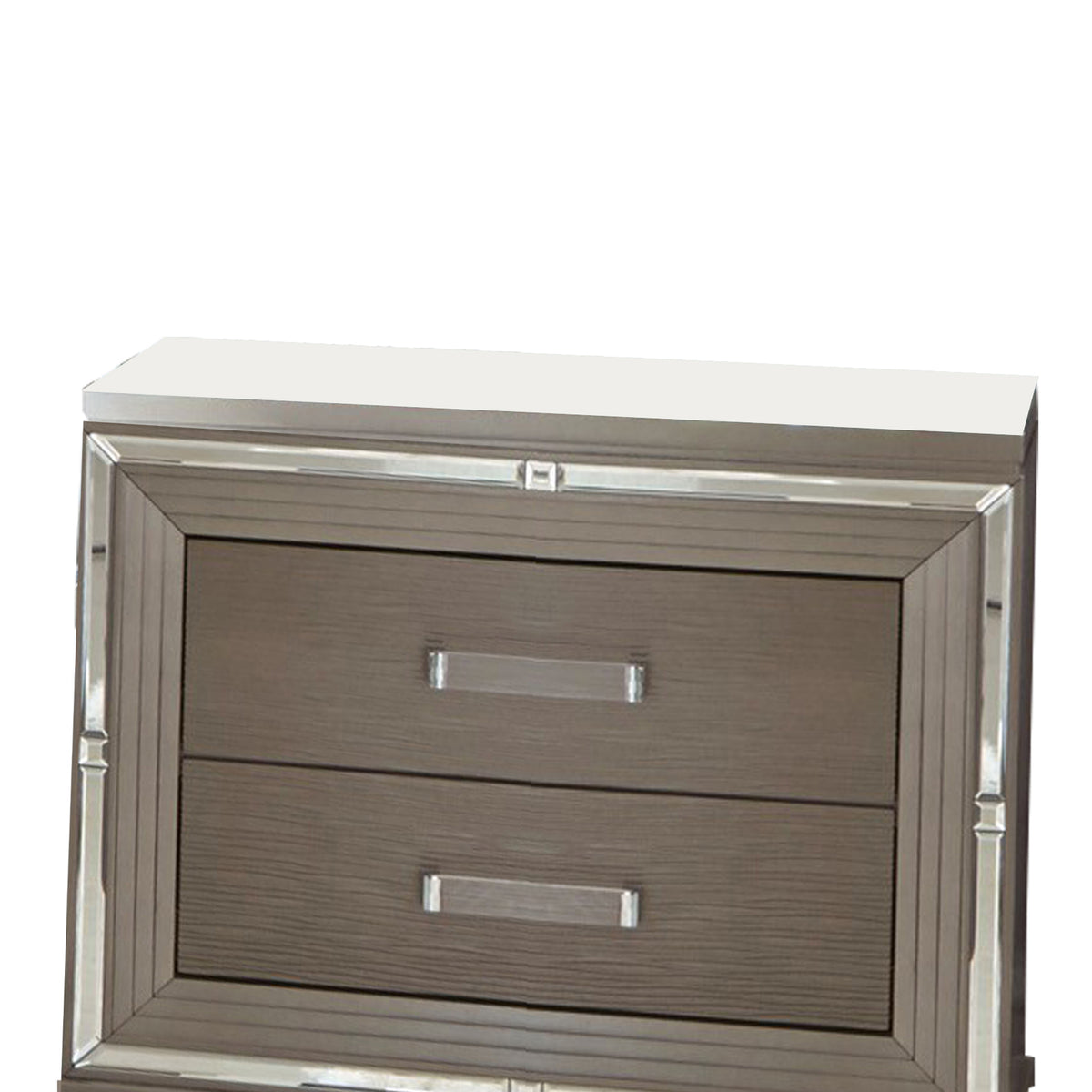 Textured Front 2 Drawer Nightstand with Beveled Mirror Trim, Silver - BM220073
