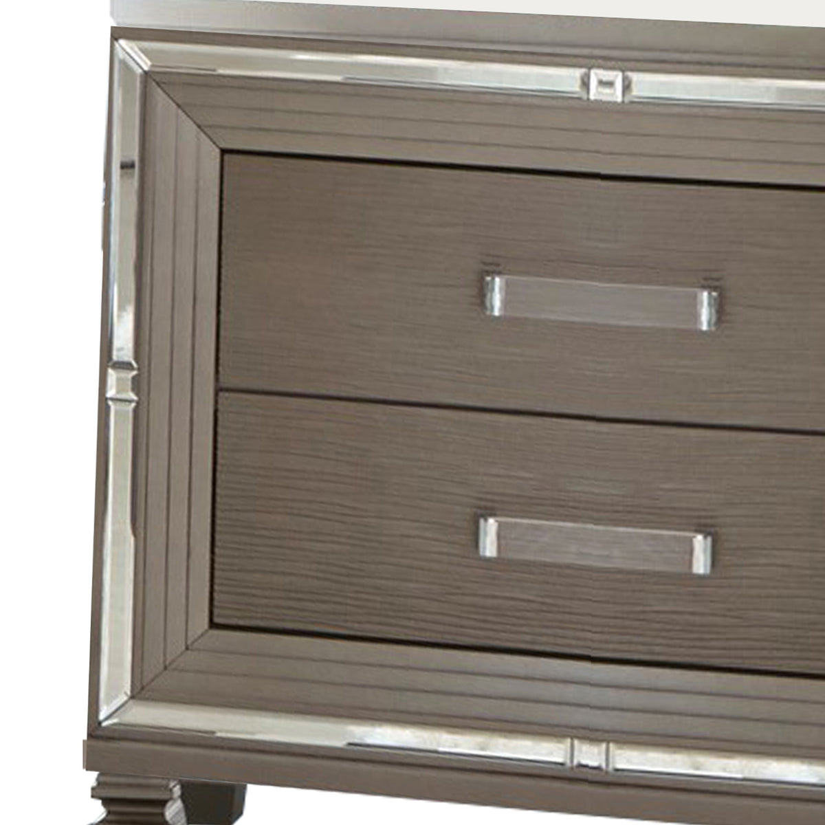 Textured Front 2 Drawer Nightstand with Beveled Mirror Trim, Silver - BM220073
