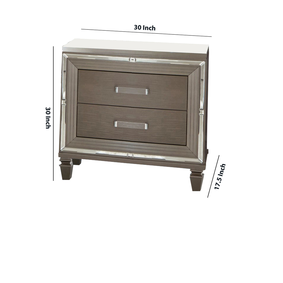 Textured Front 2 Drawer Nightstand with Beveled Mirror Trim, Silver - BM220073