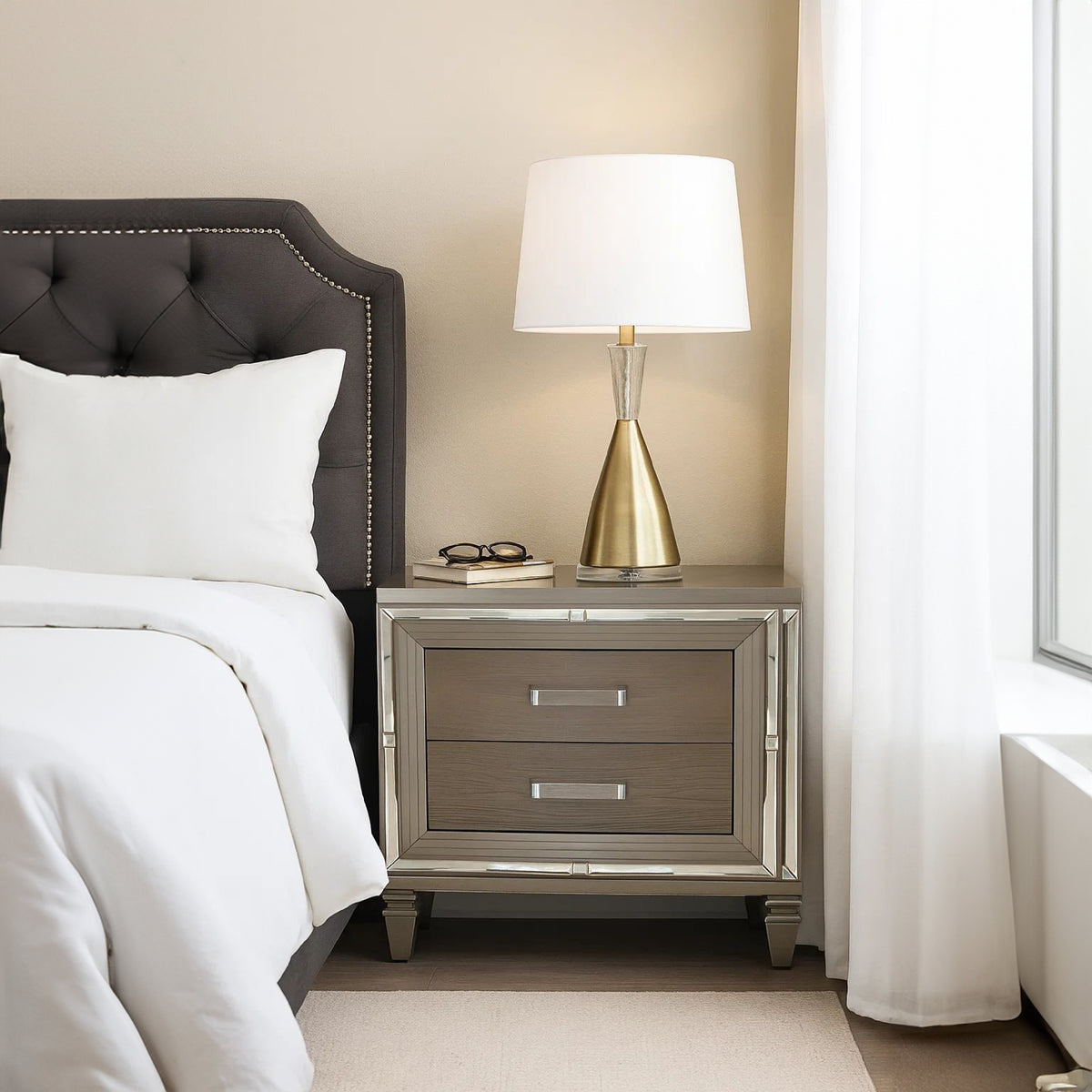 Textured Front 2 Drawer Nightstand with Beveled Mirror Trim, Silver - BM220073