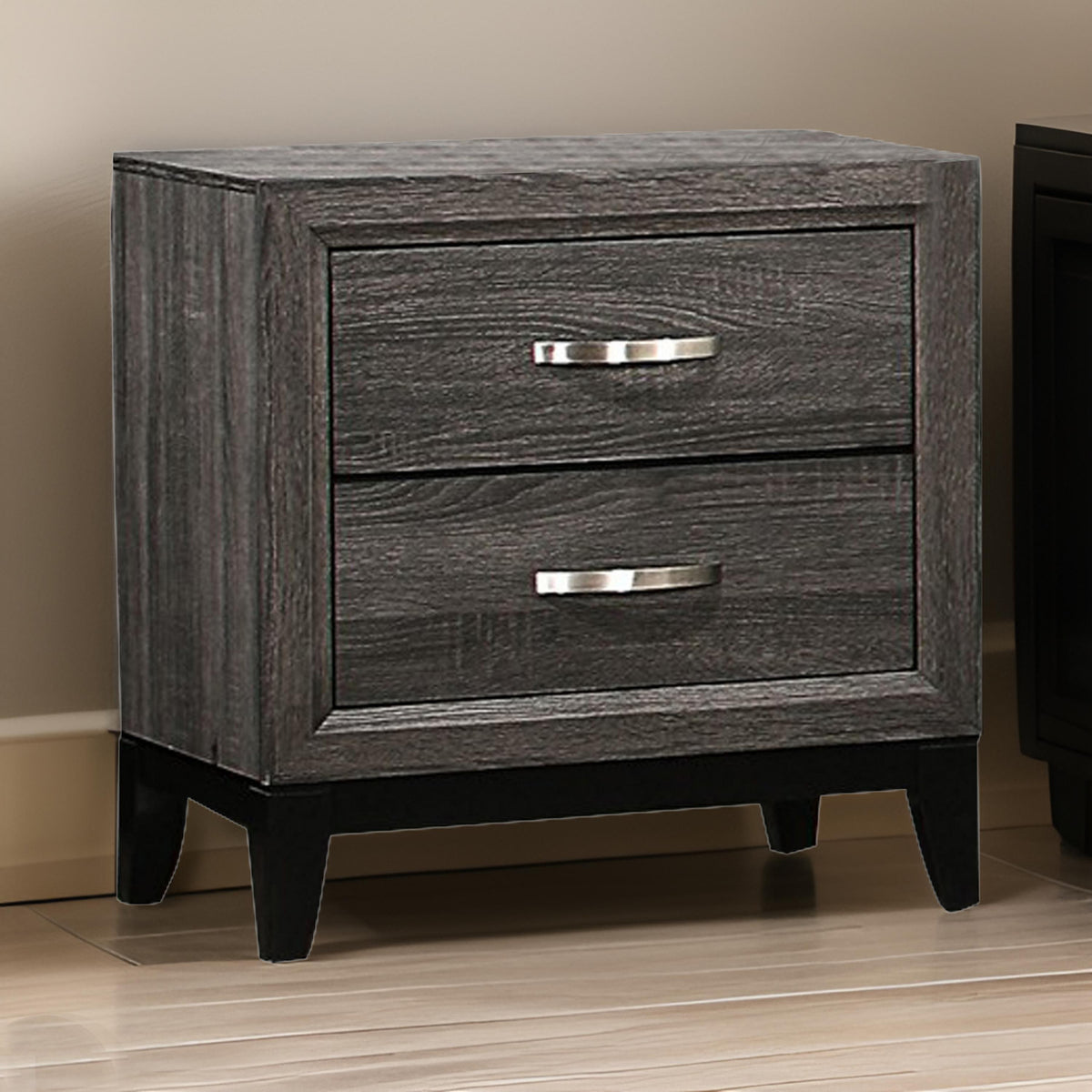 2 Drawer Nightstand with Grain Details and Tapered Legs,Dark Gray and Black - BM220080