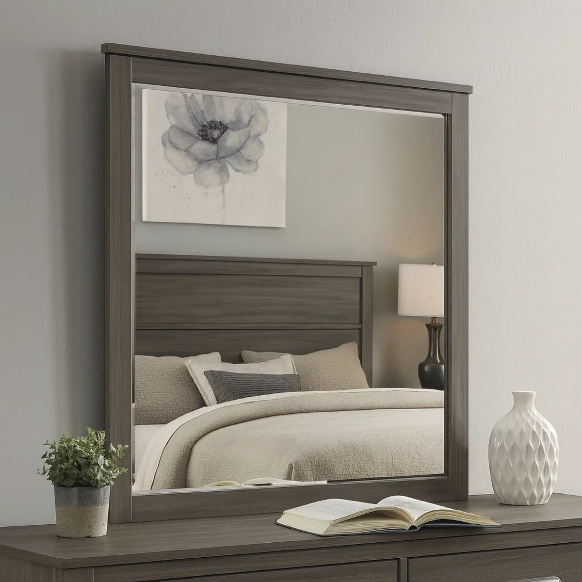 Square Wooden Frame Mirror with Grain Details, Dark Gray and Silver  - BM220082