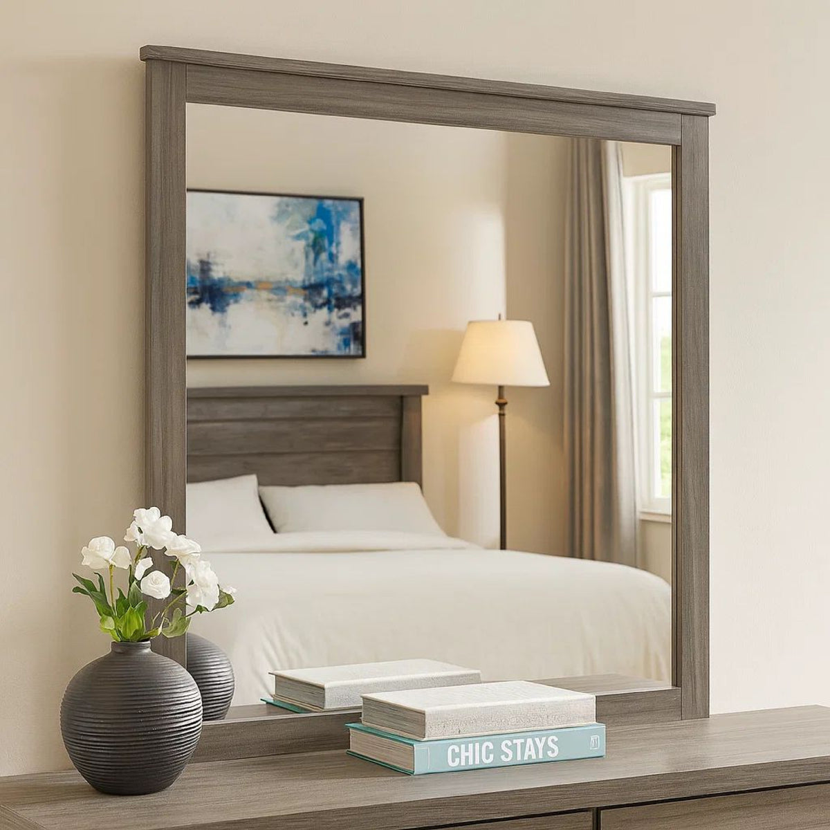 Square Wooden Frame Mirror with Grain Details, Dark Gray and Silver  - BM220082