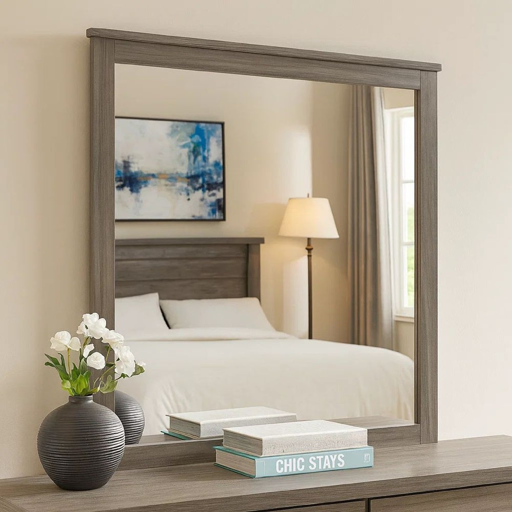Square Wooden Frame Mirror with Grain Details, Dark Gray and Silver  - BM220082