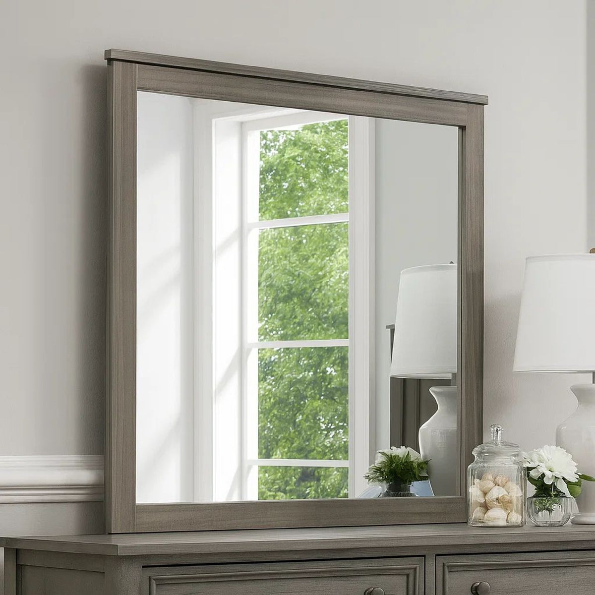 Square Wooden Frame Mirror with Grain Details, Dark Gray and Silver  - BM220082