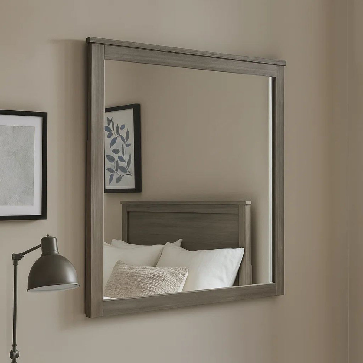 Square Wooden Frame Mirror with Grain Details, Dark Gray and Silver  - BM220082
