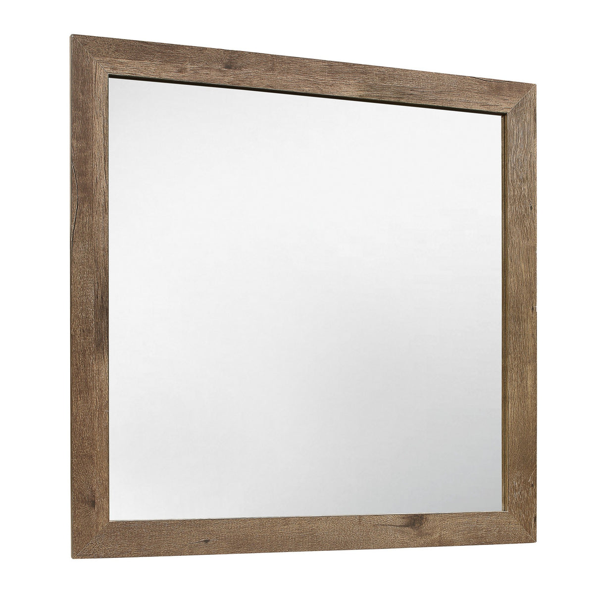Square Wooden Frame Mirror with Rough Hewn Saw Texture, Brown and Silver  - BM220083