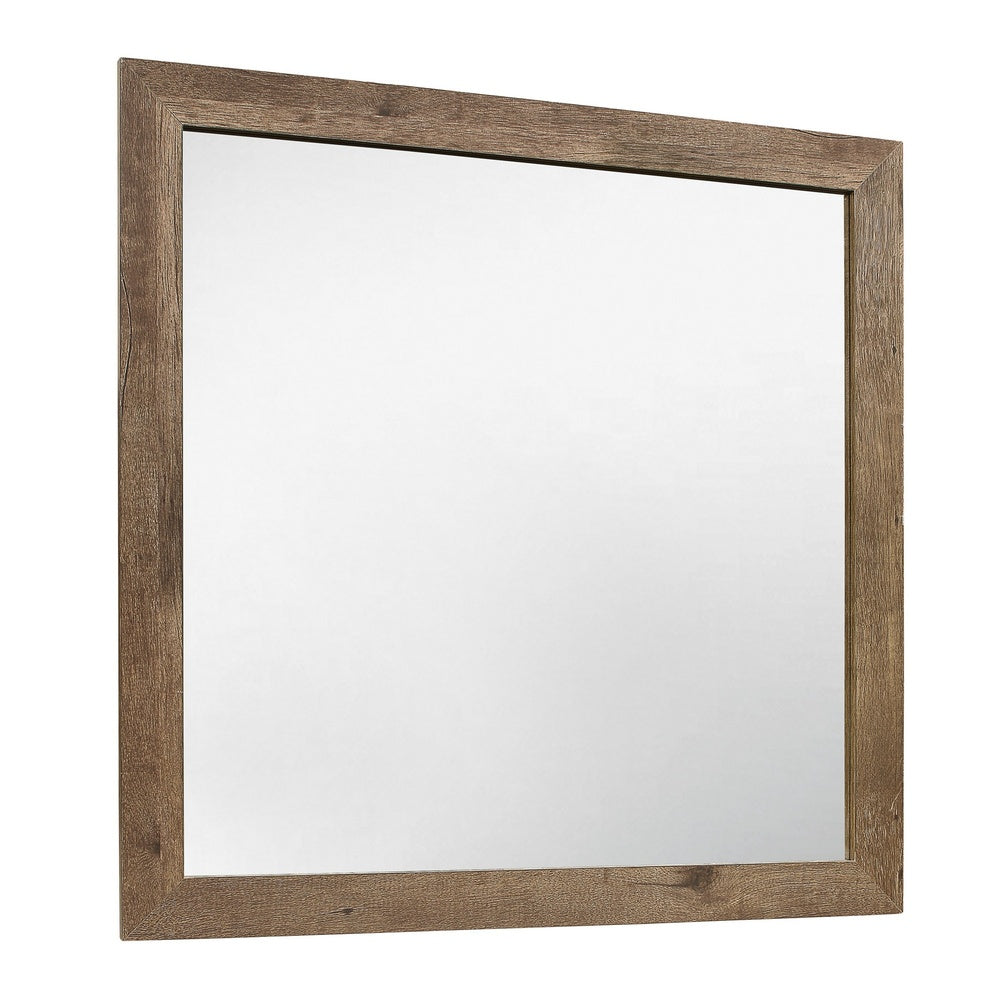 Square Wooden Frame Mirror with Rough Hewn Saw Texture, Brown and Silver  - BM220083