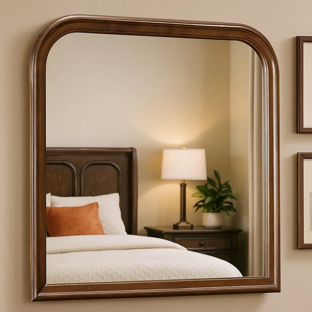 Arched Molded Design Wooden Frame Mirror, Cherry Brown and Silver - BM220090
