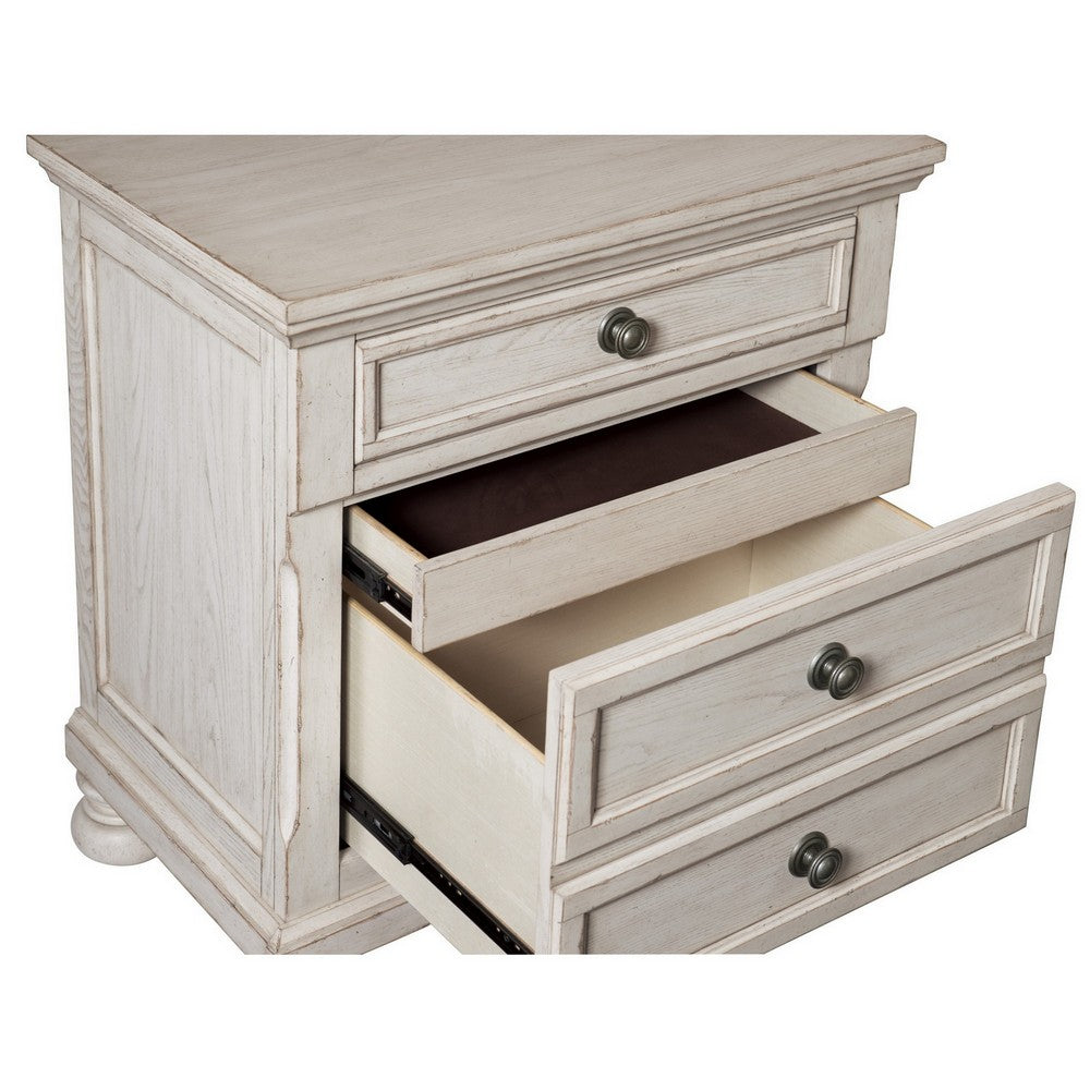 Cottage 2 Drawer Nightstand with Molded Details and Bun feet, Antique White - BM220093
