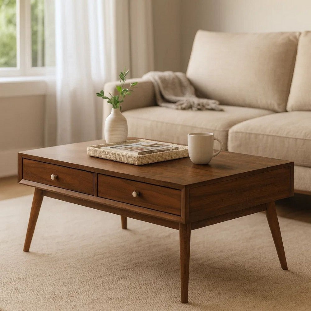 2 Drawer Wooden Coffee Table with Splayed Legs, Walnut Brown - BM220118
