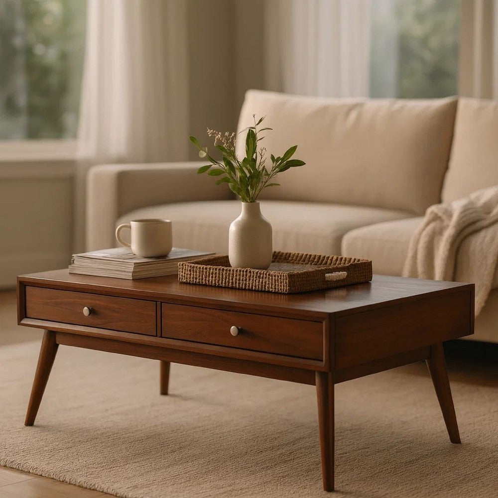 2 Drawer Wooden Coffee Table with Splayed Legs, Walnut Brown - BM220118